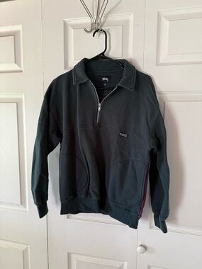 Stussy Men's Dark Green Quarter-Zip Pullover Sweatshirt